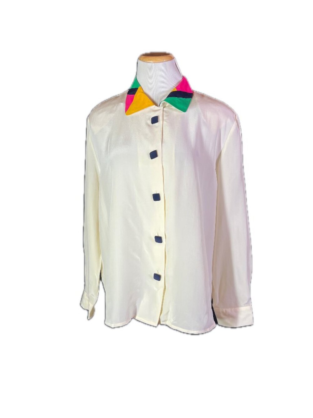 Vintage Jos. A Bank Women's 16 Silk Button-Up Shirt Cream Colorful *Flaw